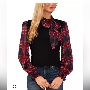 CeCe Black and Red Plaid Bow Blouse